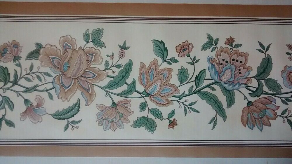 Light Brown Floral Wallpaper Border - Tan / White with Flowers - 5 yds